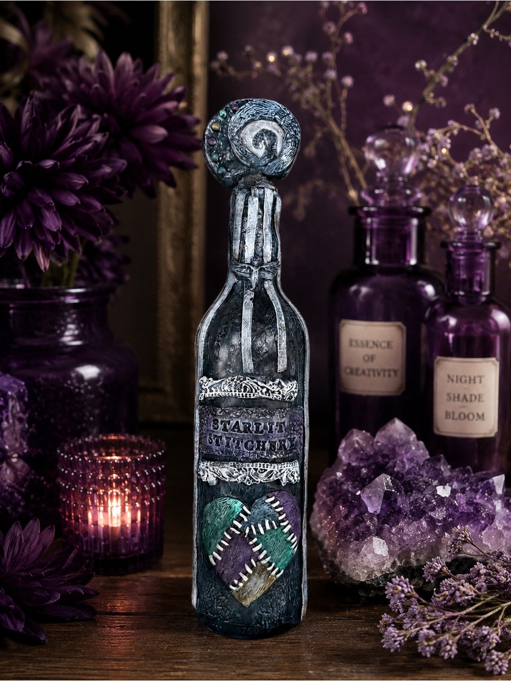 Starlit Stitchery Decorative Bottle - Teal & Purple Heart Accent Bottle